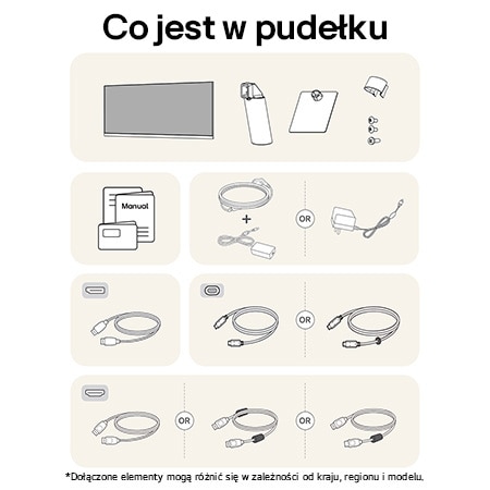 Monitor LG 29U511A przedstawiający przegląd wszystkich dołączonych elementów, w tym korpus monitora, części stojaka, instrukcję oraz kable HDMI, DP i USB-C.