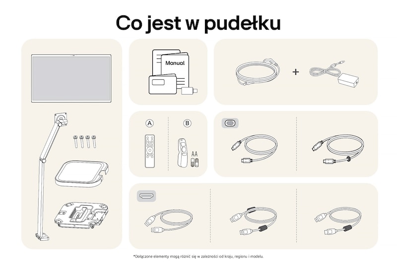 Monitor LG 32U889SA-W przedstawiający przegląd wszystkich dołączonych elementów, w tym korpus monitora, części stojaka ergonomicznego, instrukcję, pilot oraz kable HDMI, DP i USB-C.
