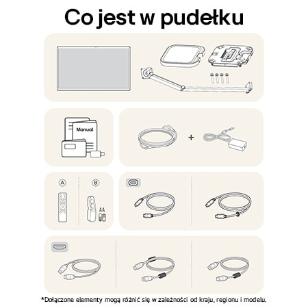 Monitor LG 32U889SA-W przedstawiający przegląd wszystkich dołączonych elementów, w tym korpus monitora, części stojaka ergonomicznego, instrukcję, pilot oraz kable HDMI, DP i USB-C.