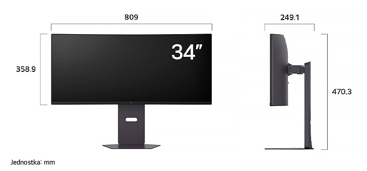 Monitor Gamingowy LG UltraGear 34G600A przedstawia wymiary w widoku z przodu i z boku, mierząc 809 mm szerokości, 358.9 mm wysokości wyświetlacza, 470.3 mm wysokości całkowitej oraz 249.1 mm głębokości.