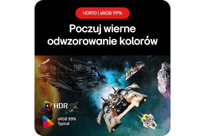 Monitor Gamingowy LG UltraGear 24GS60F, pozwalający doświadczyć kolorów wiernych życiu dzięki obsłudze HDR10 i 99% pokryciu sRGB.