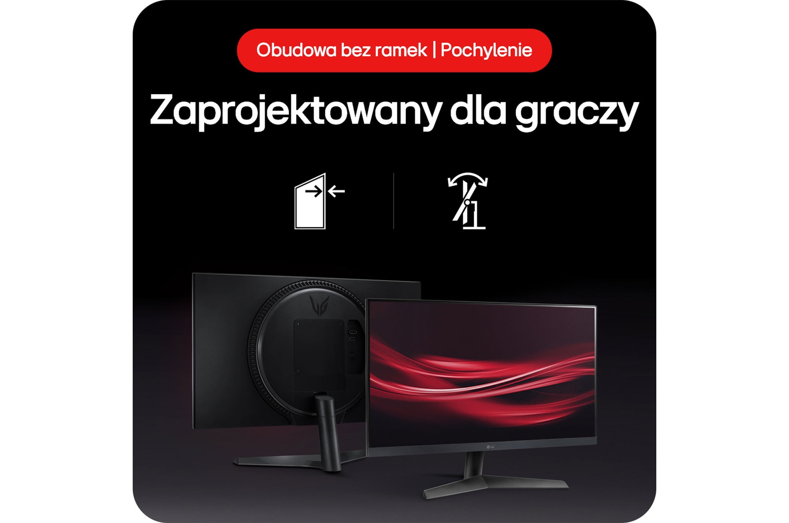 Monitor Gamingowy LG UltraGear 24GS60F, prezentujący bezramkowy design i funkcję pochylania (Tilt) podstawy, zaprojektowane dla graczy.