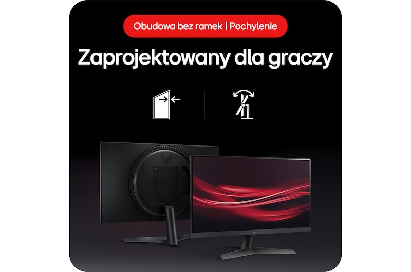 Monitor Gamingowy LG UltraGear 24GS60F, prezentujący bezramkowy design i funkcję pochylania (Tilt) podstawy, zaprojektowane dla graczy.