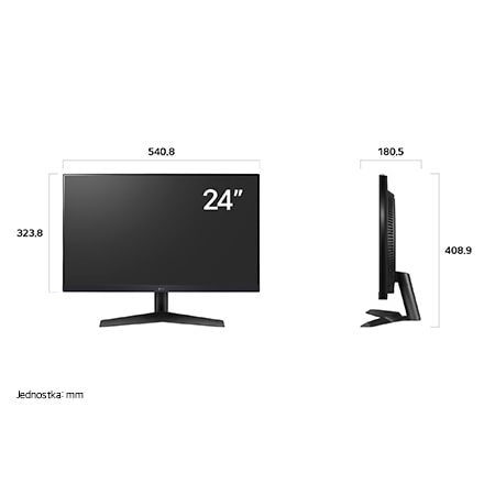 Monitor Gamingowy LG UltraGear 24GS60F przedstawia wymiary w widoku z przodu i z boku, mierząc 540.8 mm szerokości, 323.8 mm wysokości wyświetlacza, 408.9 mm wysokości całkowitej oraz 180.5 mm głębokości.
