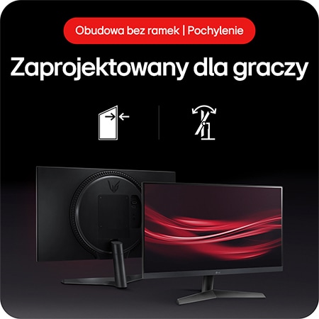 Monitor Gamingowy LG UltraGear 24GS60F, prezentujący bezramkowy design i funkcję pochylania (Tilt) podstawy, zaprojektowane dla graczy.