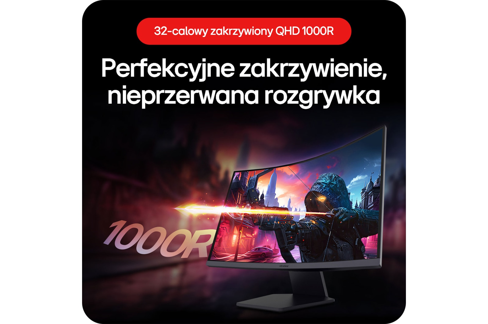 Zakrzywiony Monitor Gamingowy LG UltraGear 32GS60QC, demonstrujący płynną krzywiznę 32-calowego wyświetlacza QHD 1000R dla nieprzerwanej rozgrywki.
