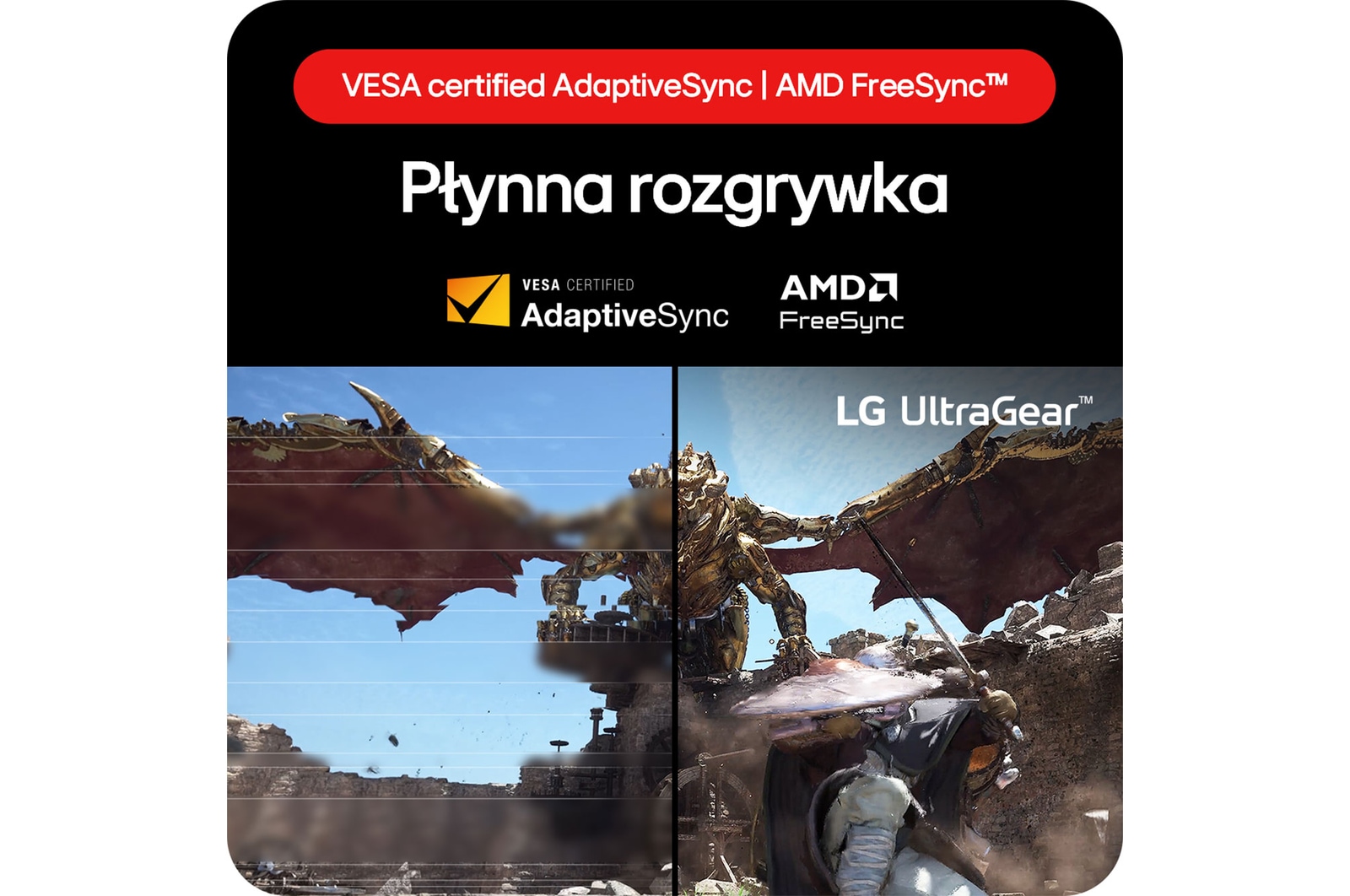 Monitor Gamingowy LG UltraGear 32GS60QC, zapewniający płynną rozgrywkę dzięki certyfikowanej VESA AdaptiveSync i technologii AMD FreeSync™.