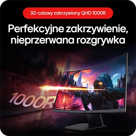 Zakrzywiony Monitor Gamingowy LG UltraGear 32GS60QC, demonstrujący płynną krzywiznę 32-calowego wyświetlacza QHD 1000R dla nieprzerwanej rozgrywki.