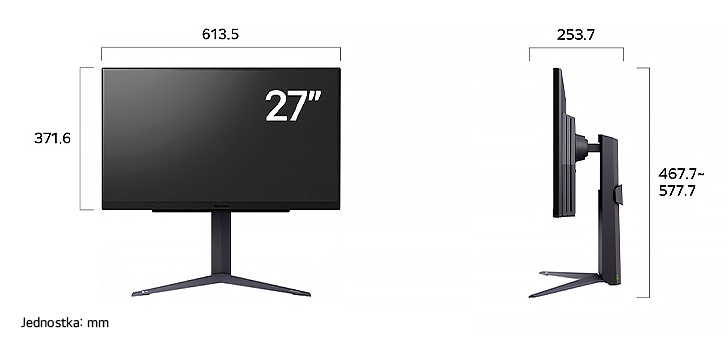 Monitor Gamingowy LG UltraGear 27GS75Q-B przedstawia wymiary w widoku z przodu i z boku, mierząc 613.5 mm szerokości, 371.6 mm wysokości wyświetlacza, 467.7 - 577.7 mm wysokości całkowitej oraz 253.7 mm głębokości.