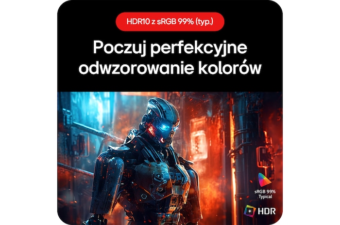 Monitor Gamingowy LG UltraGear 27GS75Q-B, umożliwiający podziwianie realistycznych kolorów dzięki obsłudze HDR10 i pokryciu palety barw sRGB 99% (Typ.).