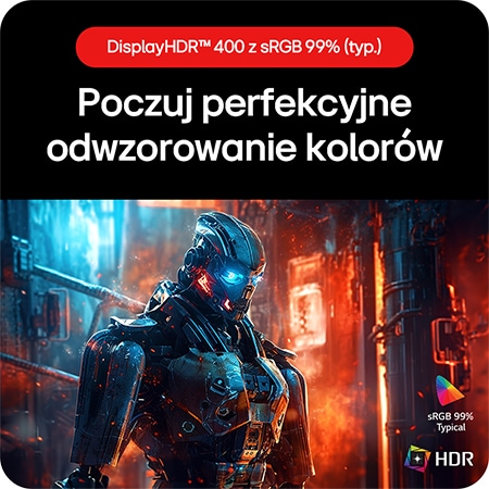 Monitor Gamingowy LG UltraGear 32GS75Q, umożliwiający podziwianie realistycznych kolorów dzięki obsłudze HDR10 i pokryciu palety barw sRGB 99% (Typ.).