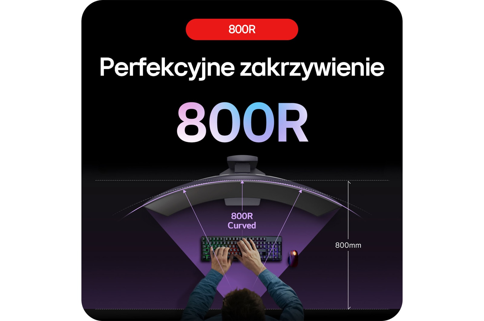  Monitor Gamingowy LG UltraGear 34GS95QE prezentujący swoją immersyjną krzywiznę 800R, intuicyjnie obejmującą peryferyjne pole widzenia gracza.