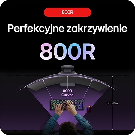 Monitor Gamingowy LG UltraGear 34GS95QE prezentujący swoją immersyjną krzywiznę 800R, intuicyjnie obejmującą peryferyjne pole widzenia gracza.
