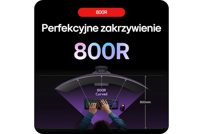 Monitor Gamingowy LG UltraGear 39GS95QE prezentujący swoją immersyjną krzywiznę 800R, intuicyjnie obejmującą peryferyjne pole widzenia gracza.
