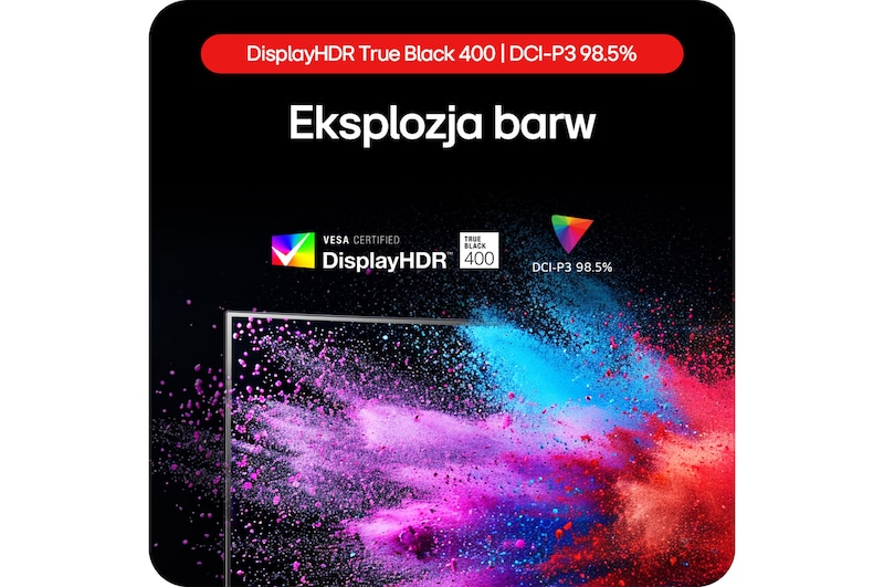 Monitor Gamingowy LG UltraGear 39GS95QE prezentuje eksplozję kolorów dzięki DisplayHDR True Black 400 i pokryciu gamy barw DCI-P3 98.5%.