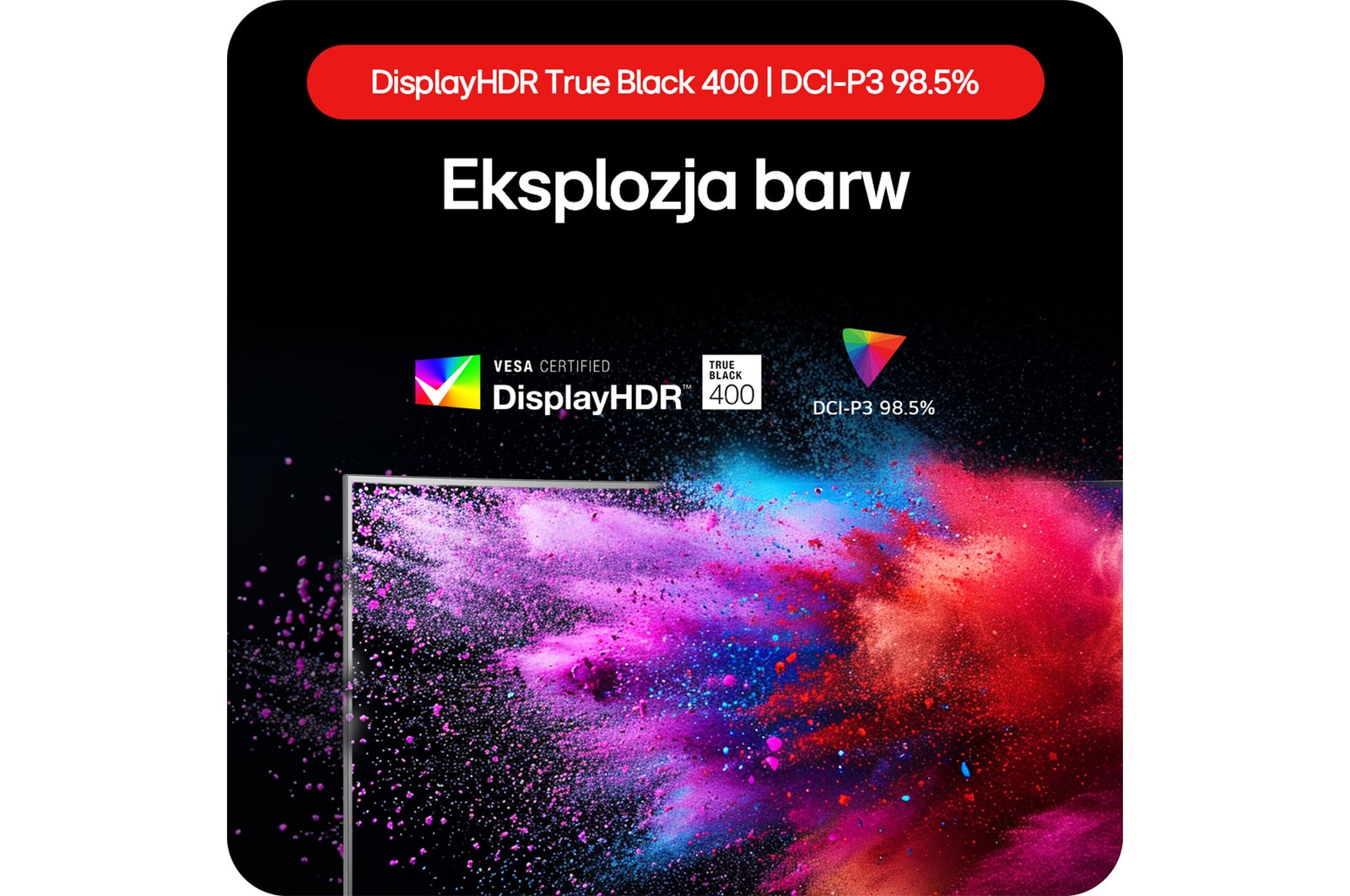 Monitor Gamingowy LG UltraGear 45GS95QE-B prezentuje eksplozję kolorów dzięki DisplayHDR True Black 400 i pokryciu gamy barw DCI-P3 98.5%.