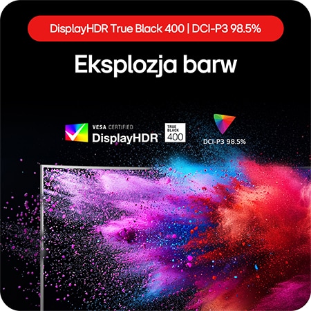 Monitor Gamingowy LG UltraGear 45GS95QE-B prezentuje eksplozję kolorów dzięki DisplayHDR True Black 400 i pokryciu gamy barw DCI-P3 98.5%.