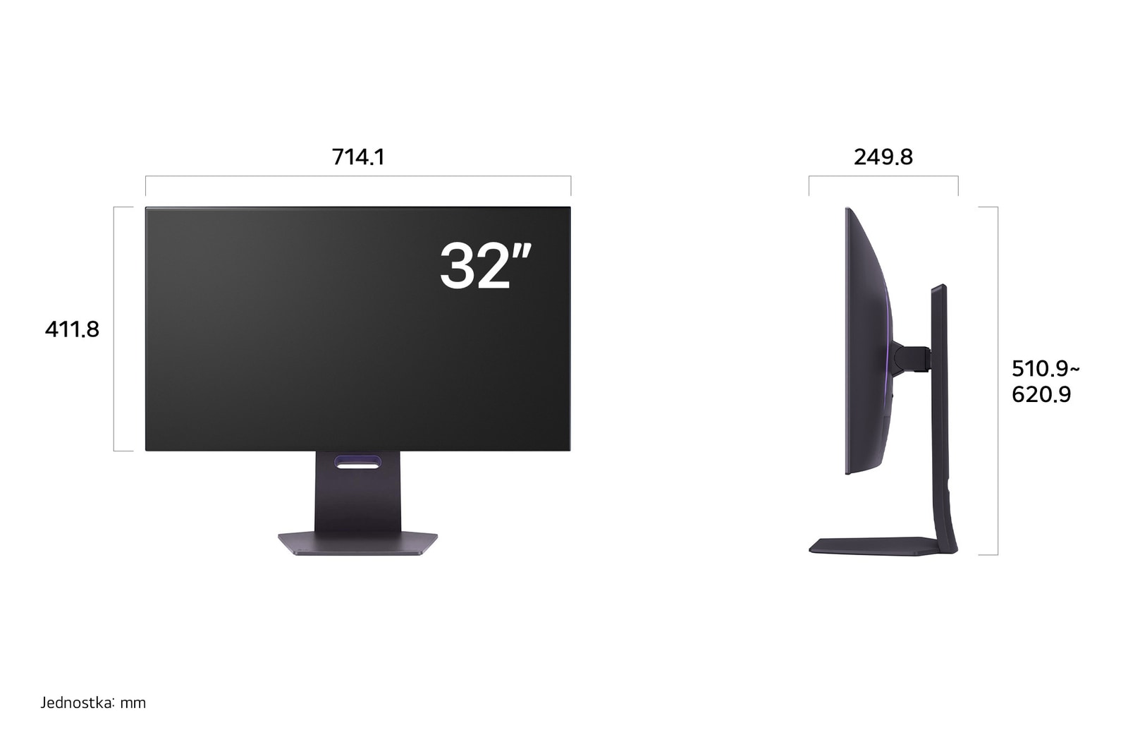 Monitor Gaming LG UltraGear 32GS95UV-B rysunek techniczny: wymiary wyświetlacza 32 cale (szer. 714,1 mm, wys. 411,8 mm) i regulowana wysokość (510,9 mm do 620,9 mm).