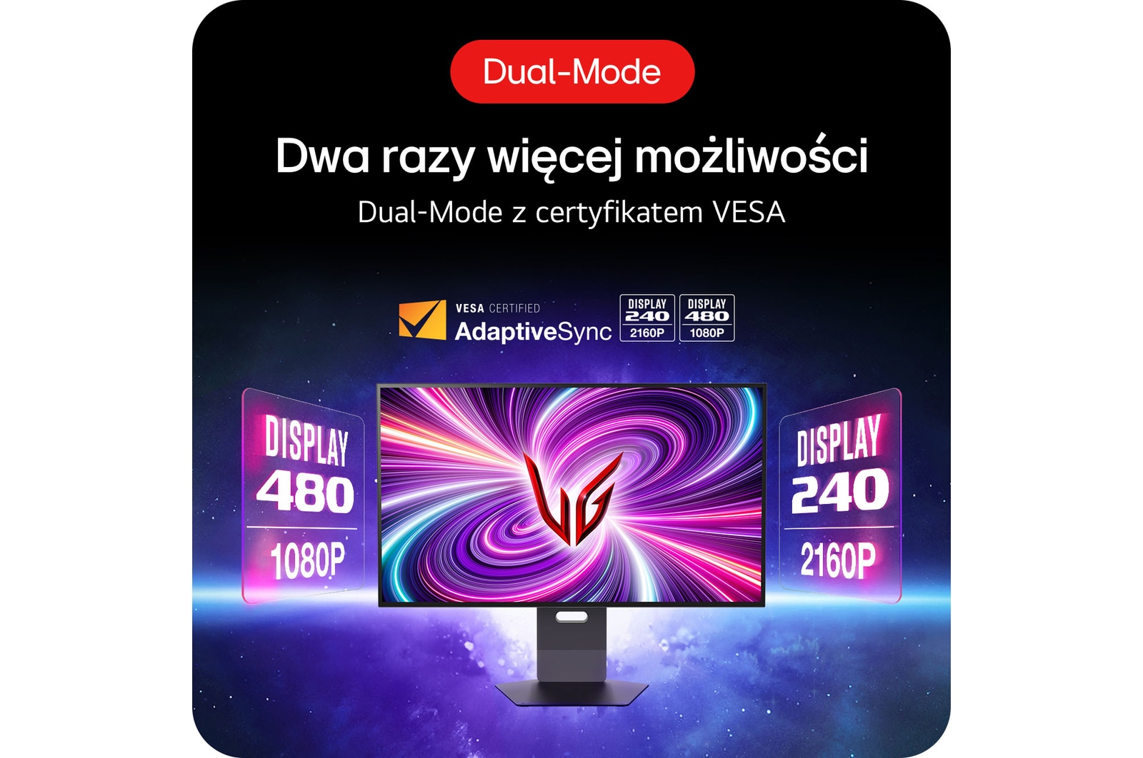 Monitor Gamingowy LG UltraGear 32GS95UV-B, prezentujący certyfikowany VESA Dual Mode z częstotliwością odświeżania 4K 240 Hz i Full HD 480 Hz.