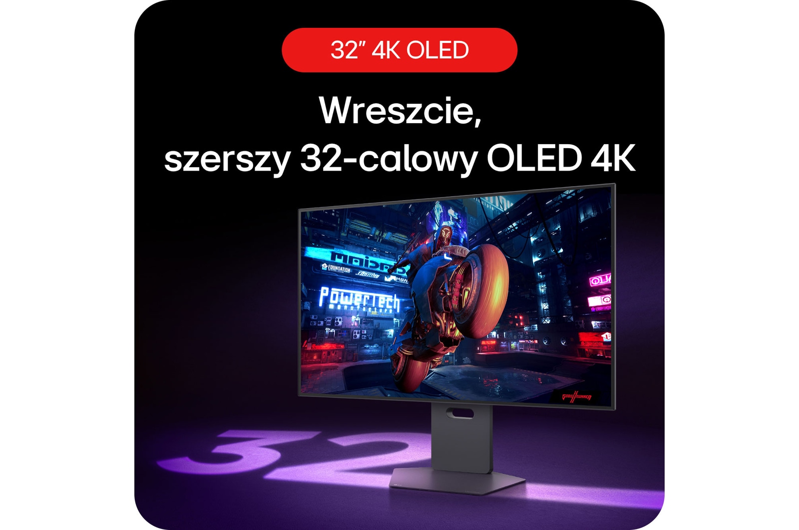 Monitor Gamingowy LG UltraGear 32GS95UV-B, prezentujący 32-calowy wyświetlacz OLED dla szerszego i bardziej wciągającego doświadczenia w grach.