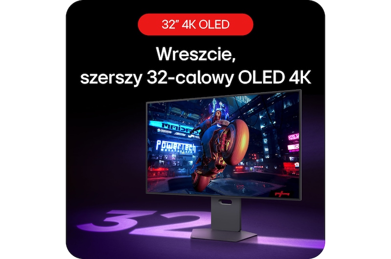 Monitor Gamingowy LG UltraGear 32GS95UV-B, prezentujący 32-calowy wyświetlacz OLED dla szerszego i bardziej wciągającego doświadczenia w grach.