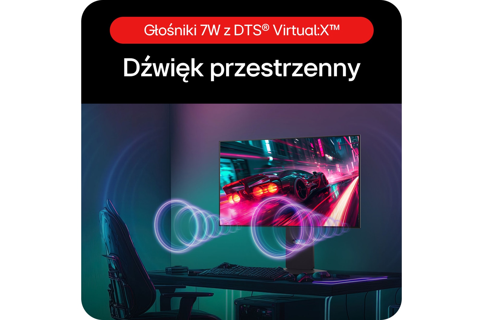Monitor Gamingowy LG UltraGear 32GS95UV-B, zapewniający wciągający dźwięk przestrzenny dzięki zintegrowanym podwójnym głośnikom 7W i DTS® Virtual:X™.