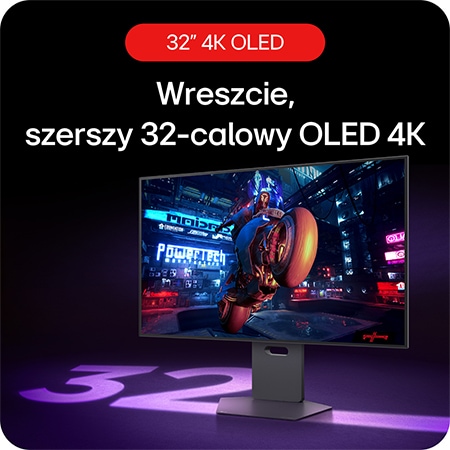 Monitor Gamingowy LG UltraGear 32GS95UV-B, prezentujący 32-calowy wyświetlacz OLED dla szerszego i bardziej wciągającego doświadczenia w grach.