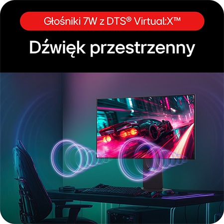 Monitor Gamingowy LG UltraGear 32GS95UV-B, zapewniający wciągający dźwięk przestrzenny dzięki zintegrowanym podwójnym głośnikom 7W i DTS® Virtual:X™.
