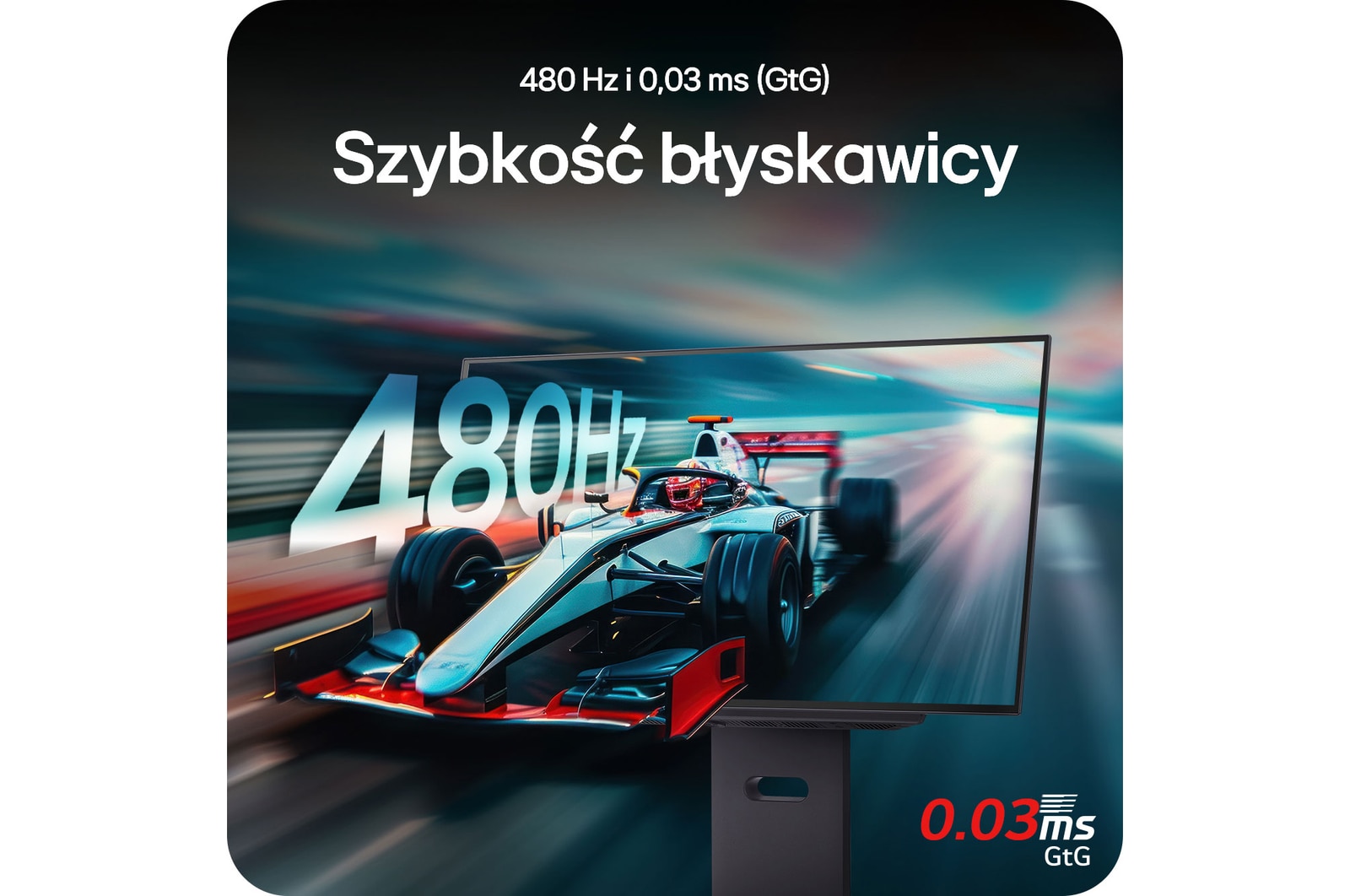 Monitor LG 27GX790A prezentujący błyskawiczną wydajność z częstotliwością odświeżania 480Hz i czasem reakcji 0.03ms (GtG) dla płynnej rozgrywki.
