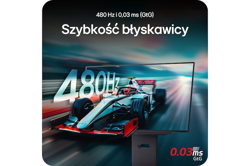 Monitor LG 27GX790A prezentujący błyskawiczną wydajność z częstotliwością odświeżania 480Hz i czasem reakcji 0.03ms (GtG) dla płynnej rozgrywki.