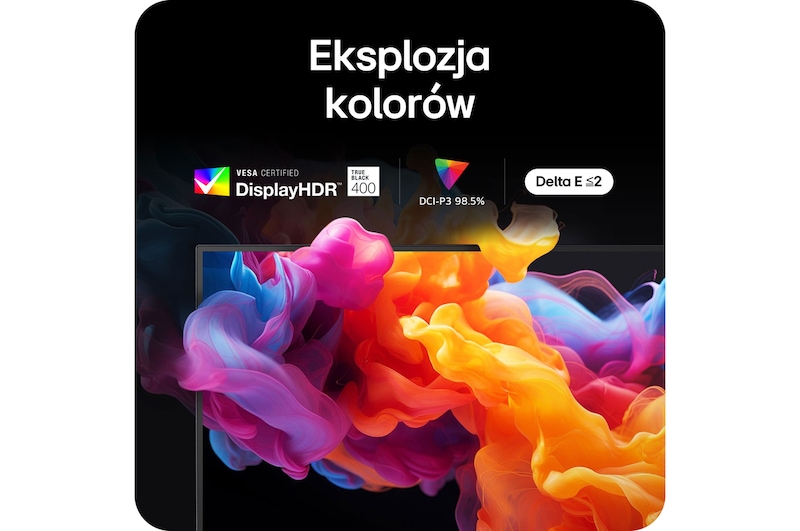 Monitor LG 27GX790A zapewnia eksplozję kolorów z certyfikatem VESA DisplayHDR™ 400 (True Black), 98.5% pokryciem DCI-P3 i dokładnością koloru Delta E ≤ 2.