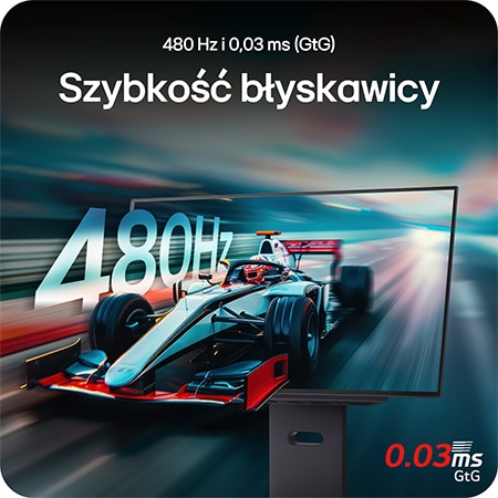 Monitor LG 27GX790A prezentujący błyskawiczną wydajność z częstotliwością odświeżania 480Hz i czasem reakcji 0.03ms (GtG) dla płynnej rozgrywki.