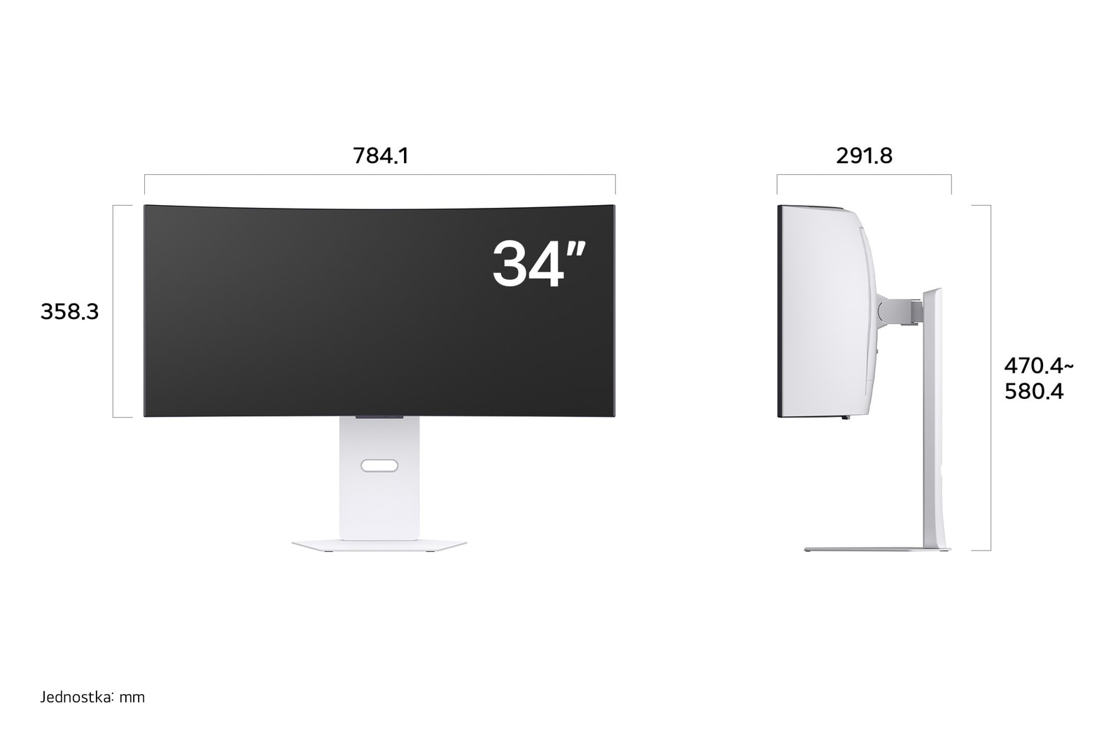 Monitor LG 34GX90SA w białym wykończeniu przedstawia wymiary zakrzywionego wyświetlacza, mierząc 784.1 mm szerokości, 358.3 mm wysokości wyświetlacza, 470.4~580.4 mm wysokości całkowitej oraz 291.8 mm głębokości.