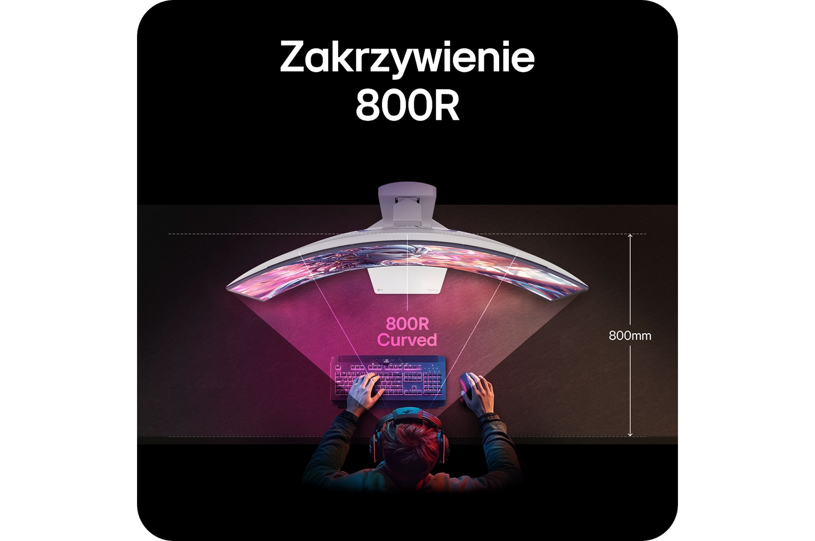 Monitor LG 34GX90SA prezentujący optymalną krzywiznę 800R, która obejmuje pole widzenia użytkownika i zapewnia maksymalną imersję w grach.
