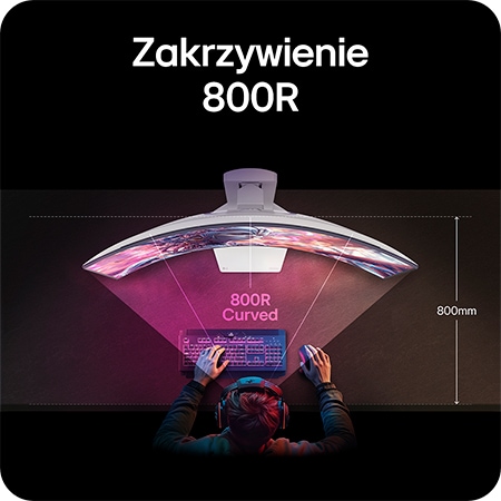 Monitor LG 34GX90SA prezentujący optymalną krzywiznę 800R, która obejmuje pole widzenia użytkownika i zapewnia maksymalną imersję w grach.
