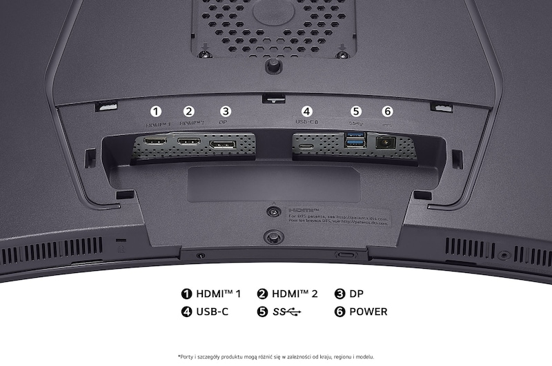 Widok z tyłu Monitora LG 45GX950A w ciemnym wykończeniu, przedstawiający specyfikacje portów: dwa porty HDMI™, DP, USB-C oraz złącze USB.