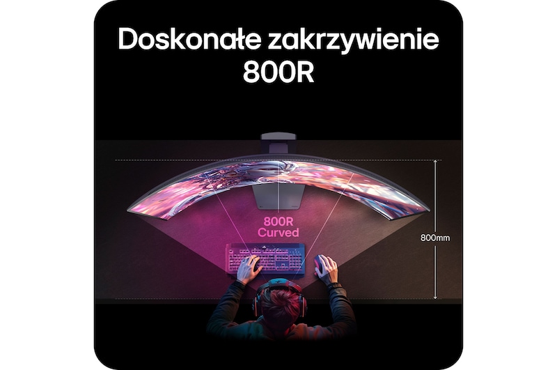 Monitor LG 45GX950A prezentujący idealną krzywiznę 800R, która obejmuje pole widzenia użytkownika i zapewnia maksymalną imersję w grach.