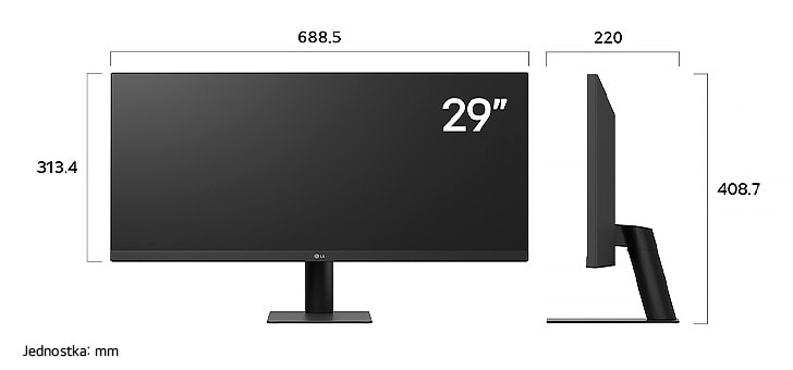 Monitor LG 29U511A w czarnym wykończeniu przedstawia wymiary w widoku z przodu i z boku, mierząc 688.5 mm szerokości, 313.4 mm wysokości wyświetlacza, 408.7 mm wysokości całkowitej oraz 220 mm głębokości.