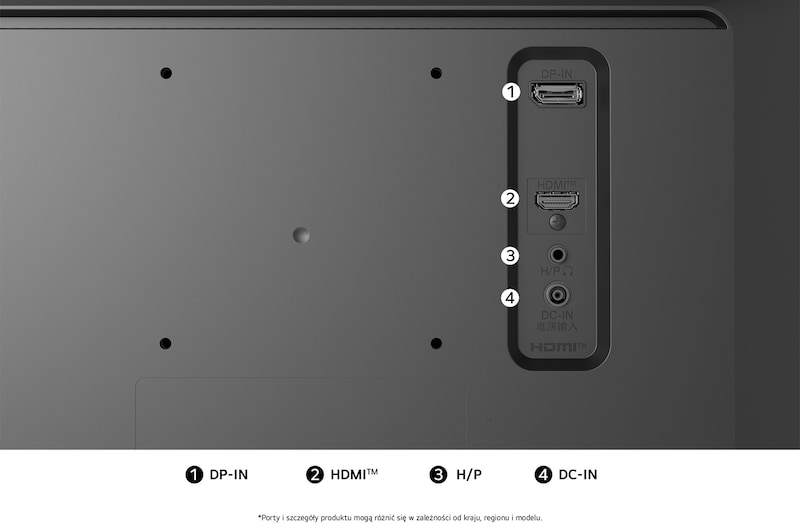 Widok z tyłu Monitora LG 29U511A w czarnym wykończeniu, przedstawiający specyfikacje portów: DP-IN, jeden port HDMI™, port H/P oraz wejście zasilania DC-IN.