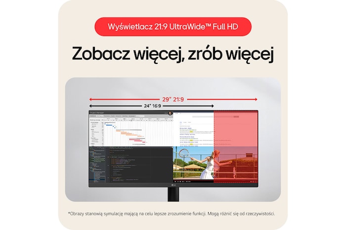 Monitor LG 29U511A prezentujący wyświetlacz 21:9 UltraWide™ Full HD, oferujący więcej miejsca na ekranie do wielozadaniowości i pracy.