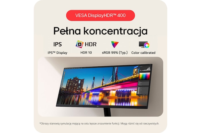 Monitor LG 29U511A prezentujący szczegółowy kontrast dzięki HDR 10, wyświetlaczowi IPS™ oraz pokryciu barw sRGB 99% (Typ.).