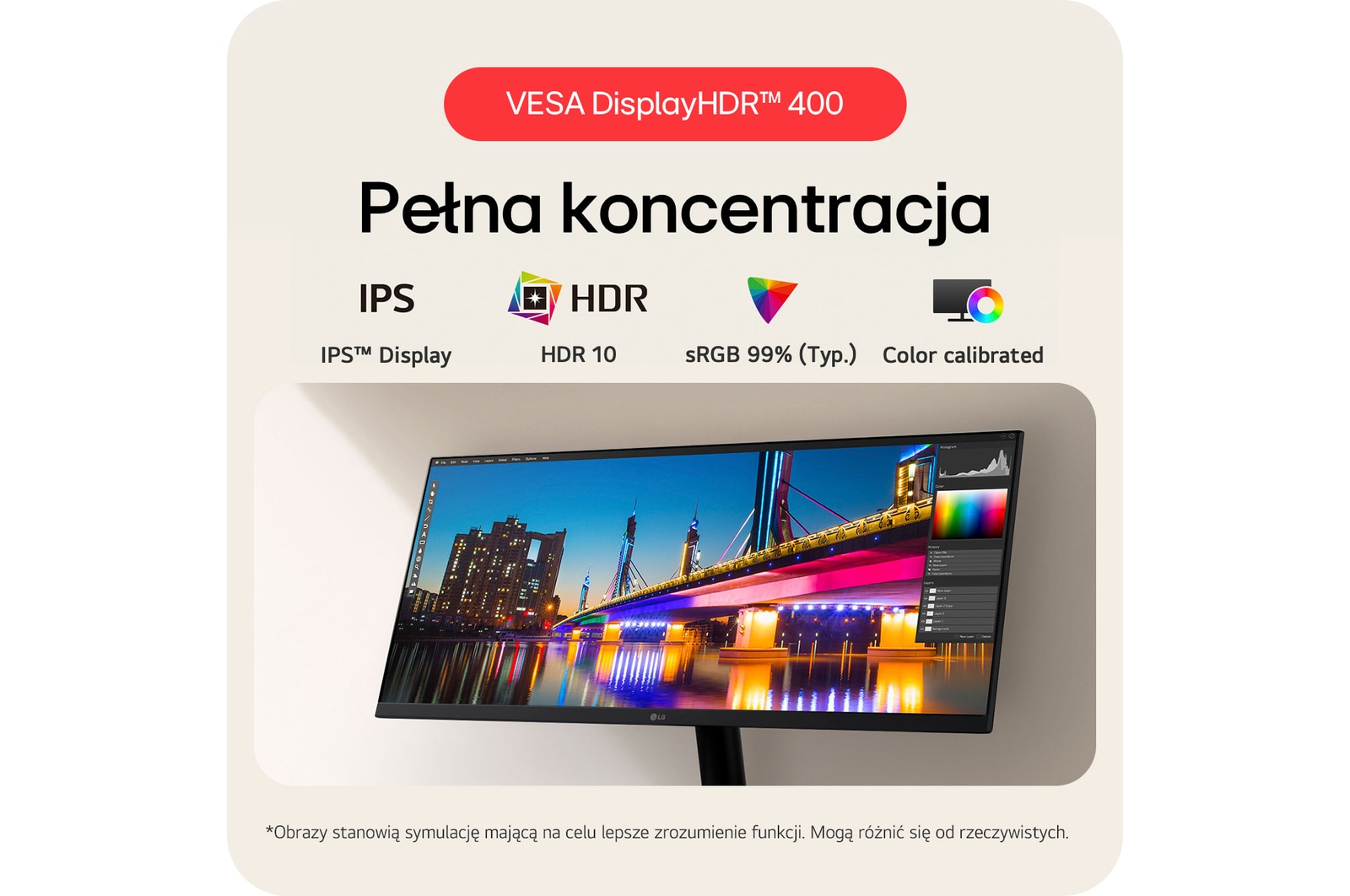 Monitor LG 29U511A prezentujący szczegółowy kontrast dzięki HDR 10, wyświetlaczowi IPS™ oraz pokryciu barw sRGB 99% (Typ.).