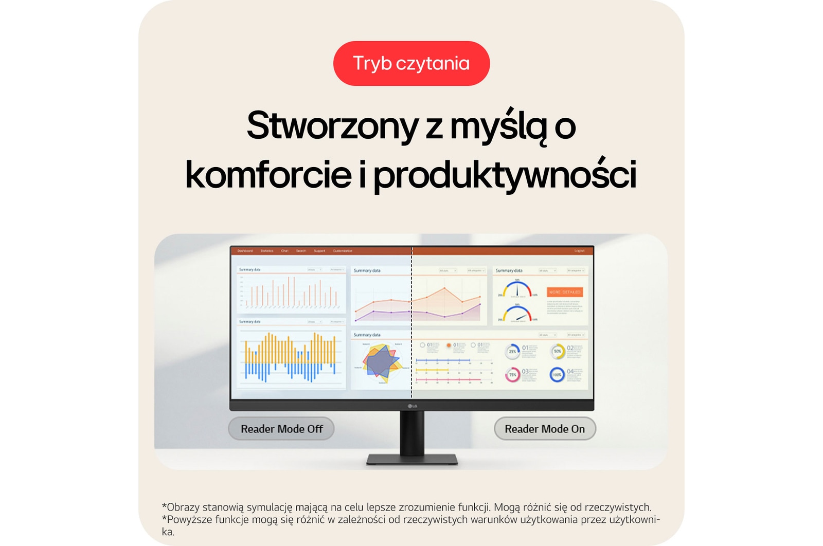 Monitor LG 29U511A prezentujący Tryb Czytnika (Reader Mode), stworzony dla komfortu i produktywności poprzez redukcję emisji niebieskiego światła.