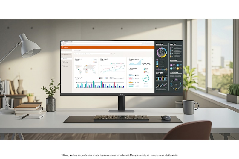 Monitor LG 29U511A w nowoczesnej konfiguracji biura domowego z jasnymi oknami, prezentujący swój wyświetlacz 21:9 UltraWide z pulpitami danych do wielozadaniowości.