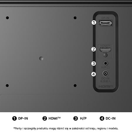 Widok z tyłu Monitora LG 29U511A w czarnym wykończeniu, przedstawiający specyfikacje portów: DP-IN, jeden port HDMI™, port H/P oraz wejście zasilania DC-IN.