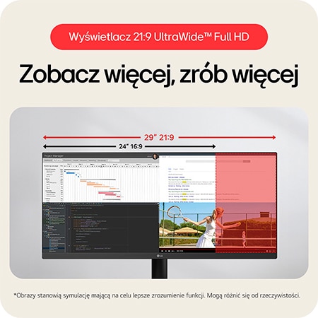 Monitor LG 29U511A prezentujący wyświetlacz 21:9 UltraWide™ Full HD, oferujący więcej miejsca na ekranie do wielozadaniowości i pracy.