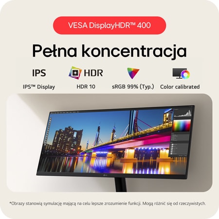 Monitor LG 29U511A prezentujący szczegółowy kontrast dzięki HDR 10, wyświetlaczowi IPS™ oraz pokryciu barw sRGB 99% (Typ.).