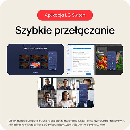 Monitor LG 29U511A prezentujący funkcję aplikacji LG Switch, umożliwiającą szybkie przełączanie między różnymi ustawieniami i trybami ekranu.