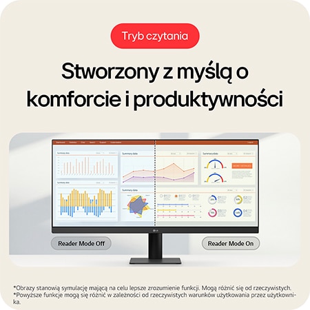 Monitor LG 29U511A prezentujący Tryb Czytnika (Reader Mode), stworzony dla komfortu i produktywności poprzez redukcję emisji niebieskiego światła.