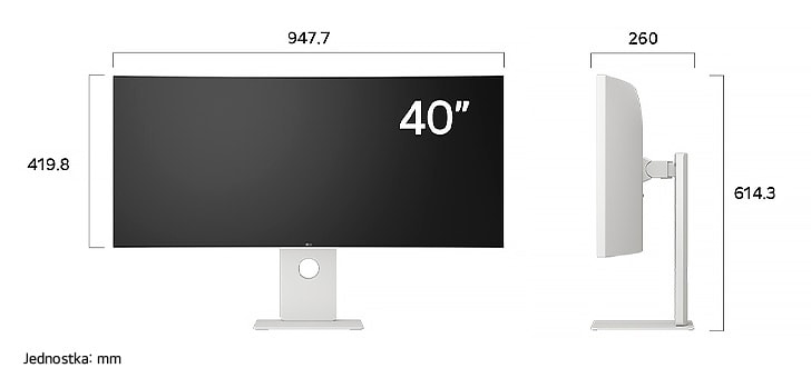 Monitor LG UltraFine 40U990A w białym wykończeniu przedstawia wymiary, mierząc 947,7 mm szerokości, 419,8 mm wysokości wyświetlacza, 614,3 mm wysokości całkowitej i 260 mm głębokości.